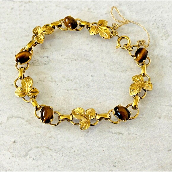 Vintage Tiger Eye Cabochons Gold Filled Leaf Link Chain Bracelet 6.75 Inches